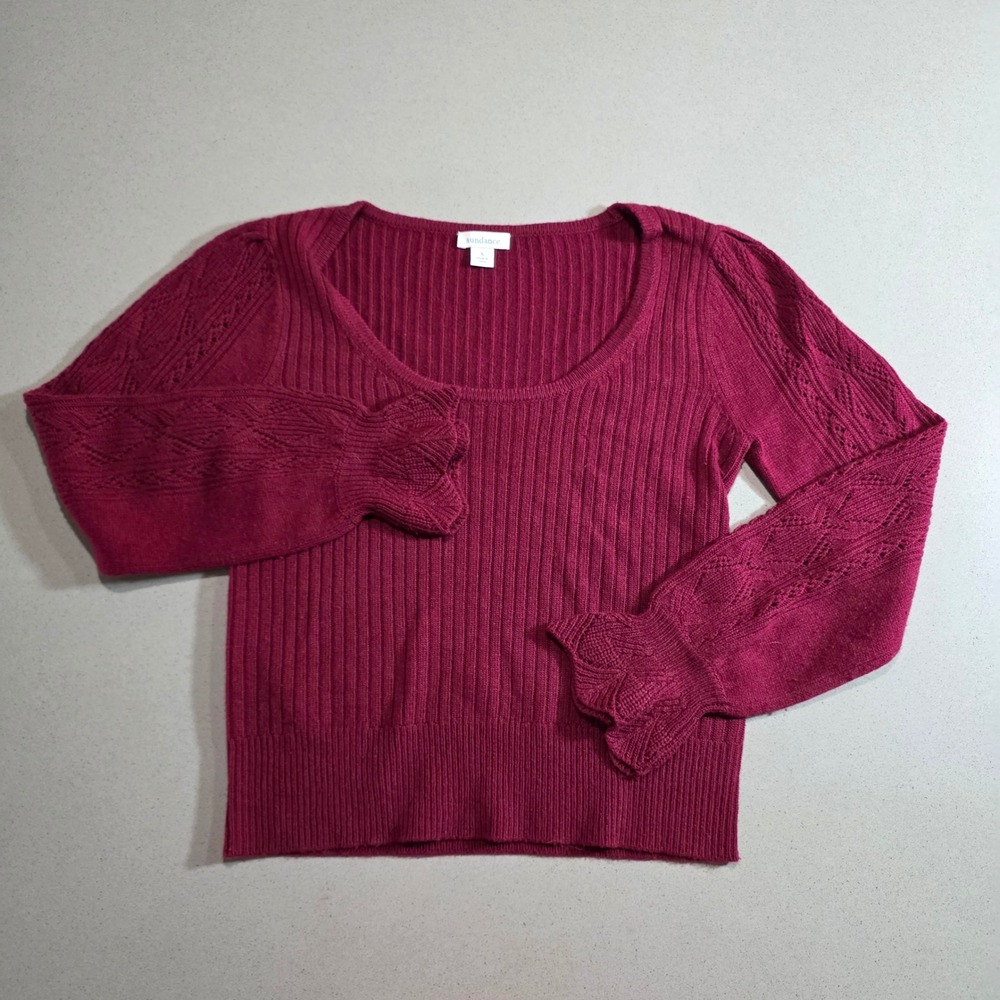 Sundance Womens Red Ribbed Knit Scoop Neck Sweater Ruffle Cuffs Size S